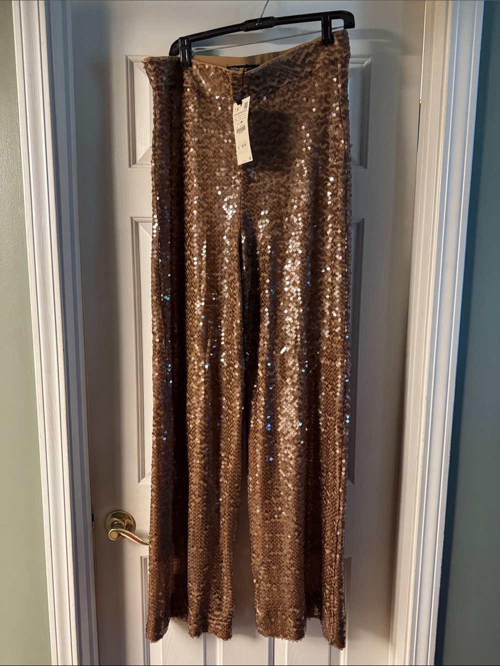 Zara Brown Sequin Wide-Leg Pants